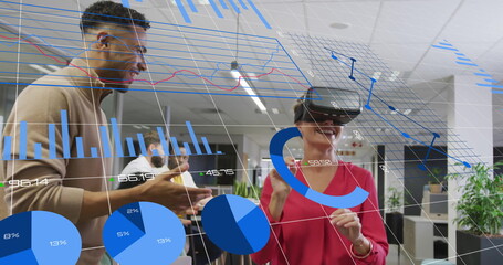 Image of financial data processing over diverse businesspeople in office