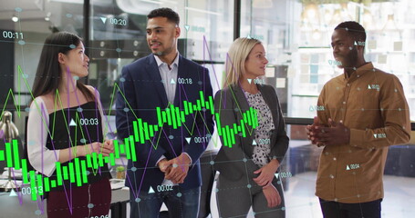 Image of financial data processing over diverse businesspeople in office