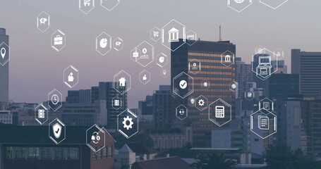 Image of digital icons and data processing over cityscape