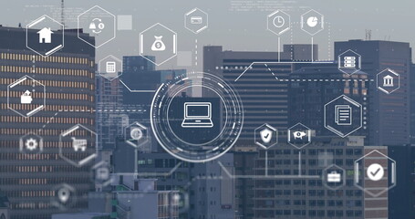 Image of digital icons and data processing over cityscape