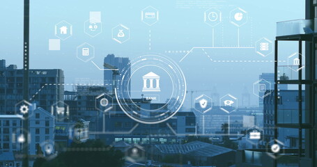 Image of digital icons and data processing over cityscape