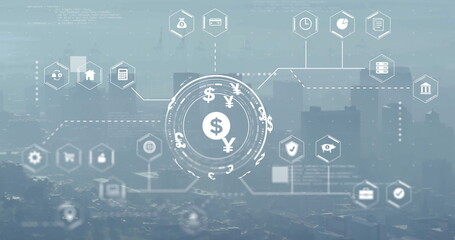 Image of digital currency icons and data processing over cityscape