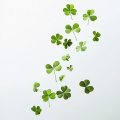 A swirl of four leaf clovers dancing gracefully in the air against a bright white background