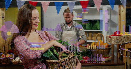 Image of data processing over caucasian woman grocery shopping