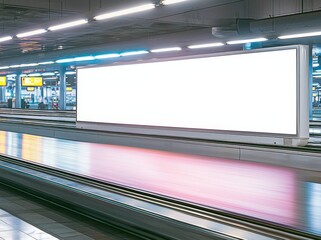A mock up of an airport luggage carousel conveyor with bags on the belt is shown on the signboard