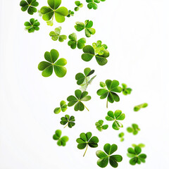 A swirl of four leaf clovers dancing gracefully in the air against a bright white background