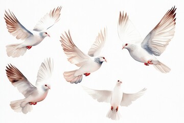 Fototapeta premium Illustrate a serene flock of doves mid-flight, their graceful wings outstretched, against a clean white canvas