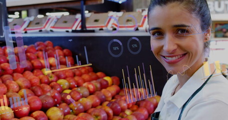 Image of data processing over caucasian woman grocery shopping