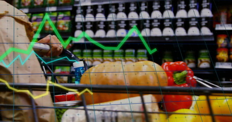 Image of data processing over caucasian man grocery shopping