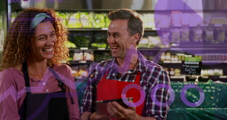 Image of data processing over caucasian couple grocery shopping