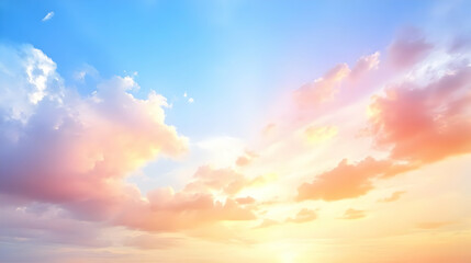 Fototapeta premium Pastel Sky with Fluffy Clouds at Sunset, a Beautiful and Dreamy Background for Design Projects