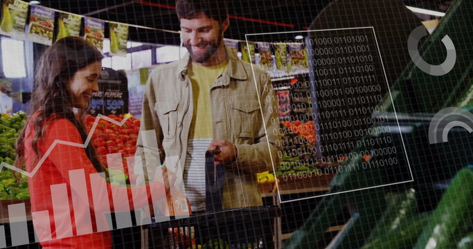 Image of data processing over caucasian couple grocery shopping