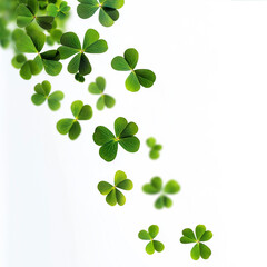 A swirl of four leaf clovers dancing gracefully in the air against a bright white background