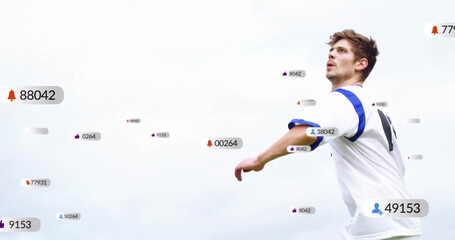 Image of digital data processing over caucasian football player on field