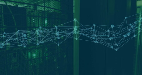 Image of network of connections over server room