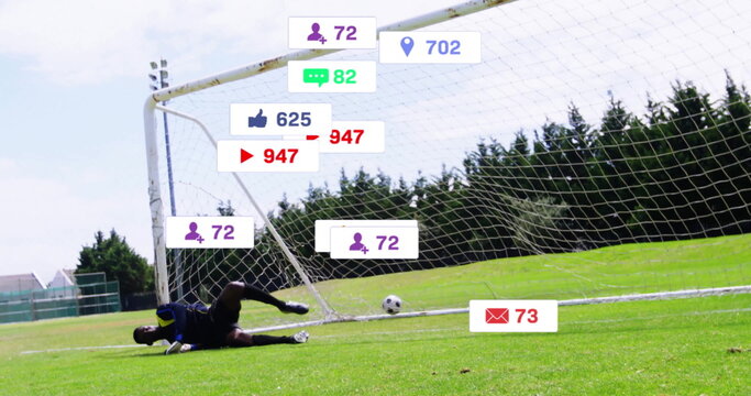 Image of digital data processing over african american football goal keeper on field