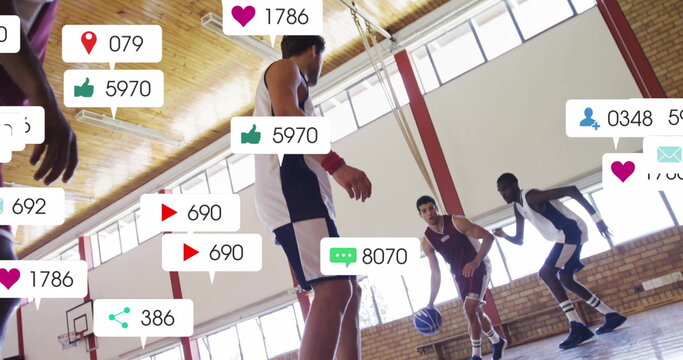 Image of digital data processing over diverse basketball players - Powered by Adobe