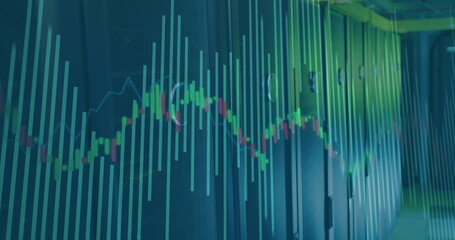 Image of financial data processing over server room