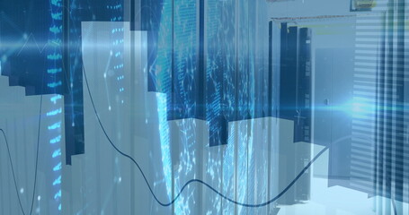 Image of financial data processing over server room