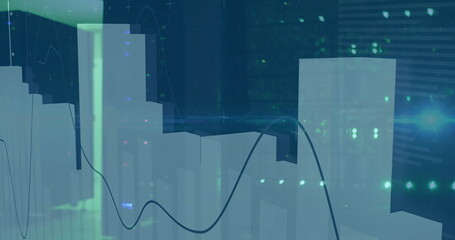 Image of financial data processing with light trails over server room