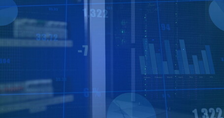 Image of financial data processing over server room