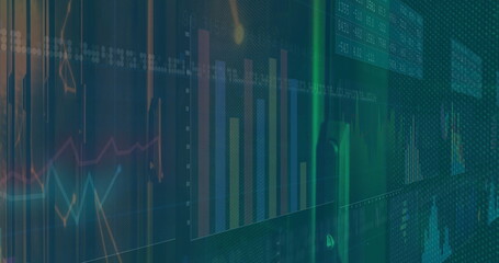 Image of financial data processing over server room