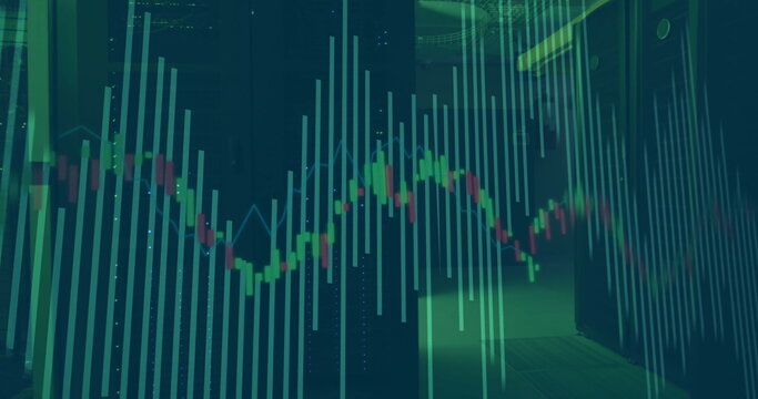 Image of financial data processing over server room