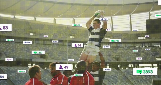 Image of digital data processing over diverse rugby players