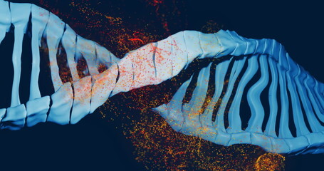 Image of dna strand and mesh of glowing spots on dark background