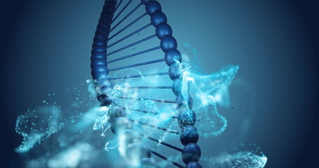 Image of dna strand and mesh of glowing spots on dark background