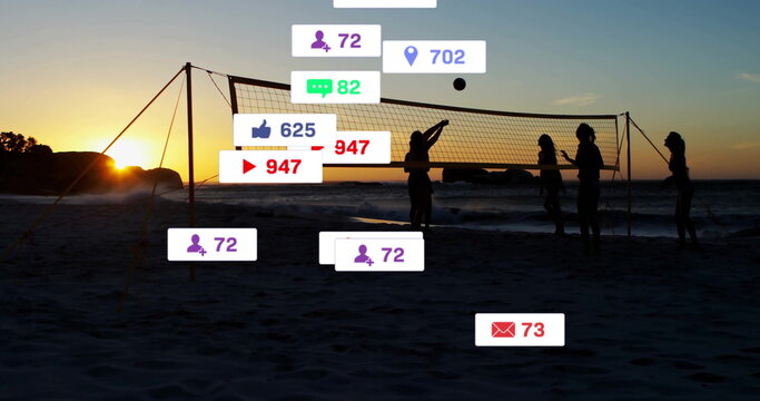 Image of digital data processing over diverse beach volleyball players