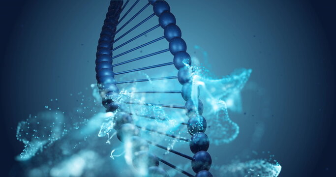 Image of dna strand and mesh of glowing spots on dark background - Powered by Adobe