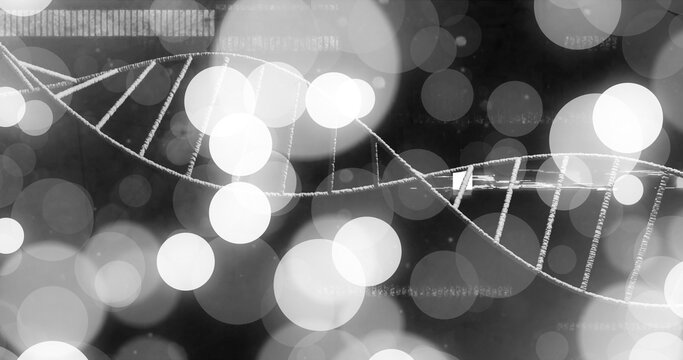 Image of dna strand and spots of light on dark background