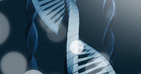 Image of dna strand and spots of light on dark background