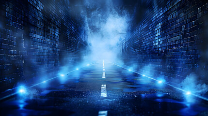 Obraz premium A Dark and Foggy Roadway Between Two Brick Walls Lit by Blue Lights
