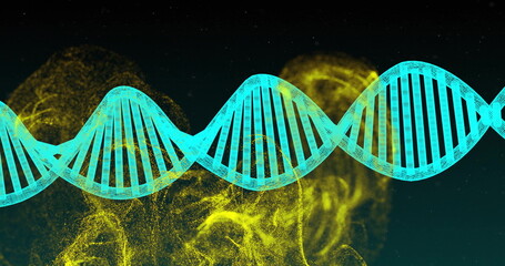 Image of dna strand and mesh of glowing mesh of connections on dark background