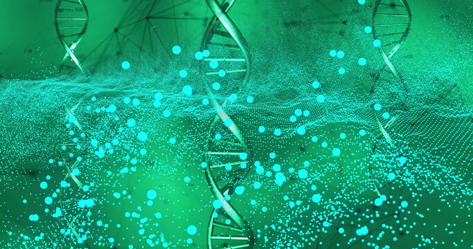 Image of dna strands and mesh of glowing spots on green background