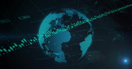 Image of network of connections over globe and data processing