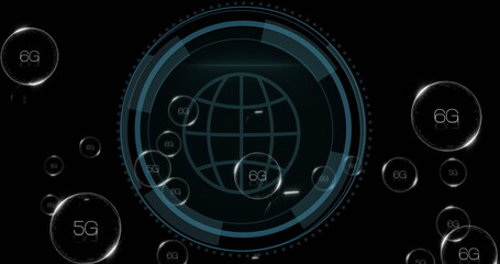 Image of 6g text and digital data processing over globe on black background
