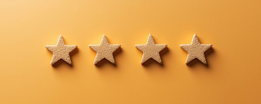 Four golden stars aligned against a vibrant orange background, representing excellence, quality, and ratings in visuals.