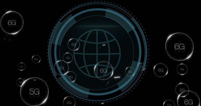 Image of 6g text and digital data processing over globe on black background