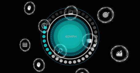 Image of digital icons and data processing over scope scanning on black background