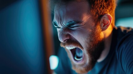 Frustrated Man Angrily Yelling at His Computer Screen Expressing Strong Technology Related Anger and Distress in an Office or Workplace Setting