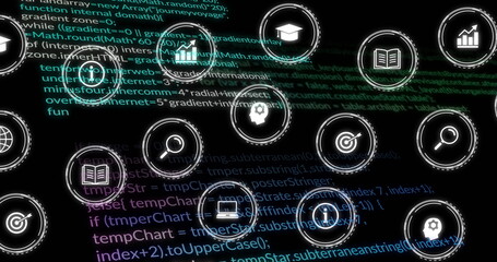 Image of digital icons and data processing over black background