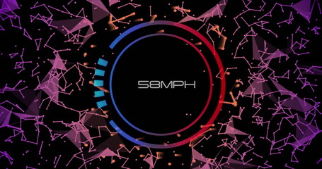Image of digital connections over speedometer on black background