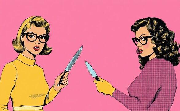 Woman with knife, girl pointing with index finger. Two friends planning revenge or murder. Woman trying to sharpen kitchen knife blade in hands. Retro comic book modern illustration.
