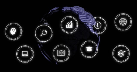 Image of digital icons and data processing over globe on black background