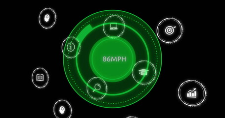 Image of digital icons and data processing over speedometer on black background
