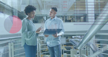 Image of financial data processing over diverse business people in office