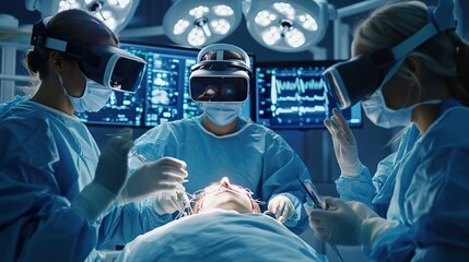 Surgeons Wearing Glasses VR Headset Perform State-of-the-Art Augmented Reality Surgery in High Tech Hospital. Doctors and Assistants Working in Operating Room.